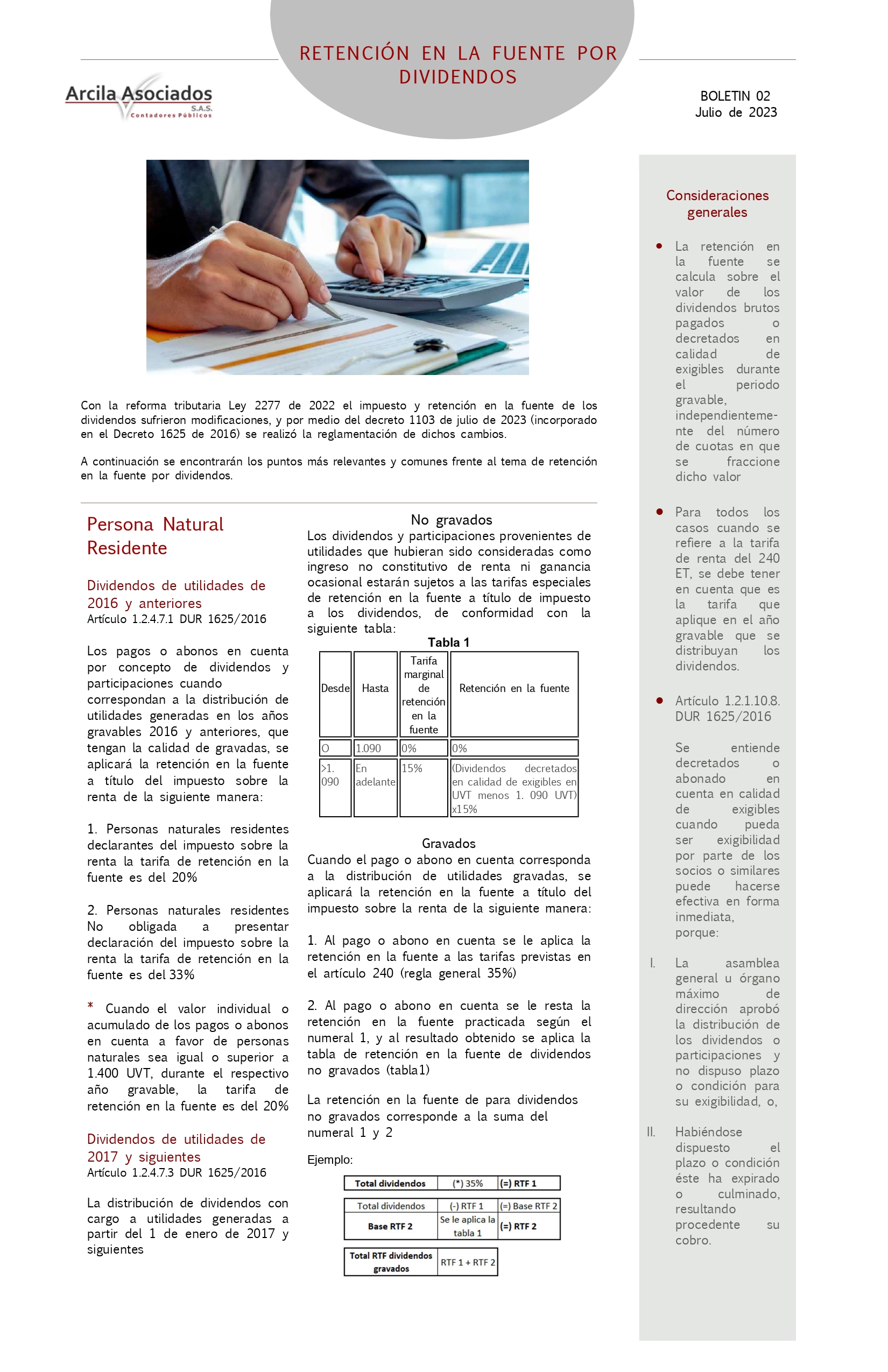 RETENCIÓN EN LA FUENTE POR DIVIDENDOS – Arcila Asociados